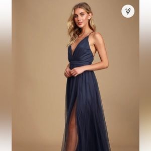 LULUS • Rare Beauty Navy Blue Tulle Backless Maxi Dress
